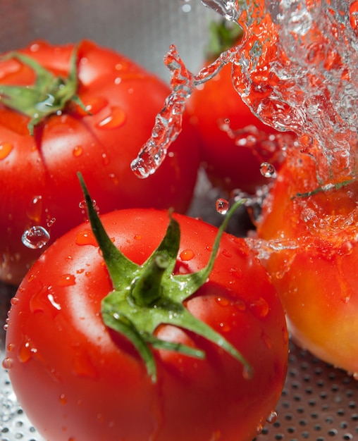 Tomates en un colador para limpiar