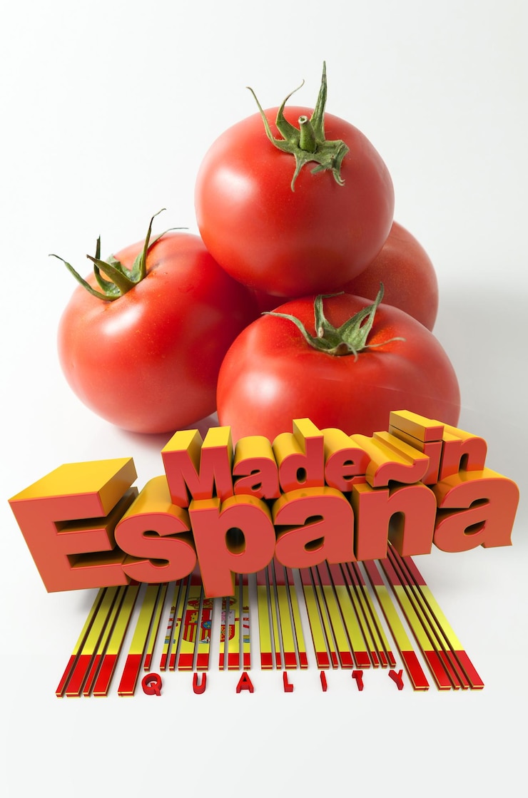 Foto tomates com as palavras made in espana e um código de barras marcado com qualidade