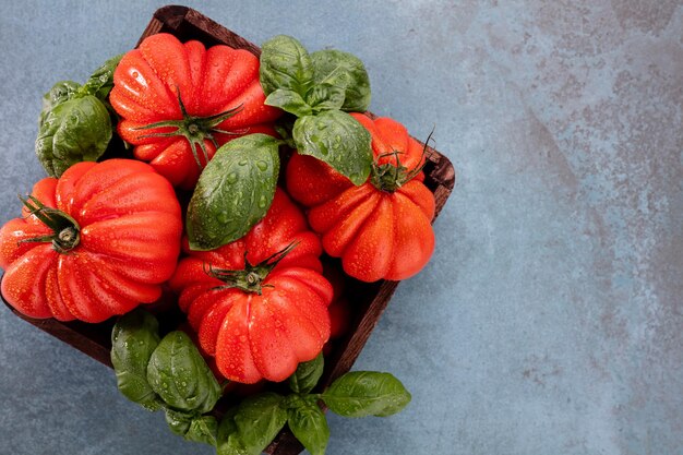 Tomates com folha de manjericão, gotas de água fecham.