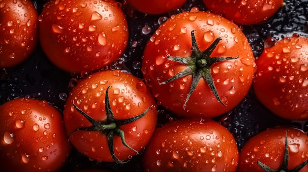 Tomates com gotas de água sobre eles em um fundo preto