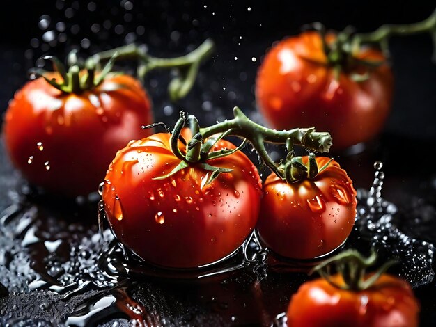 Tomates com salpicos de água sobre um fundo preto