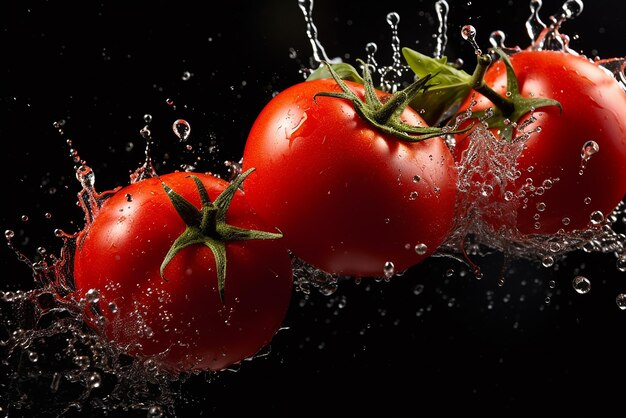 Tomates com salpicos de água sobre um fundo preto