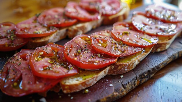 Tomates cortados e salame em sanduíche aberto