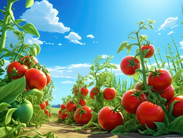 Tomates creciendo en un campo de bajo ángulo con cielo azul nublado y sol
