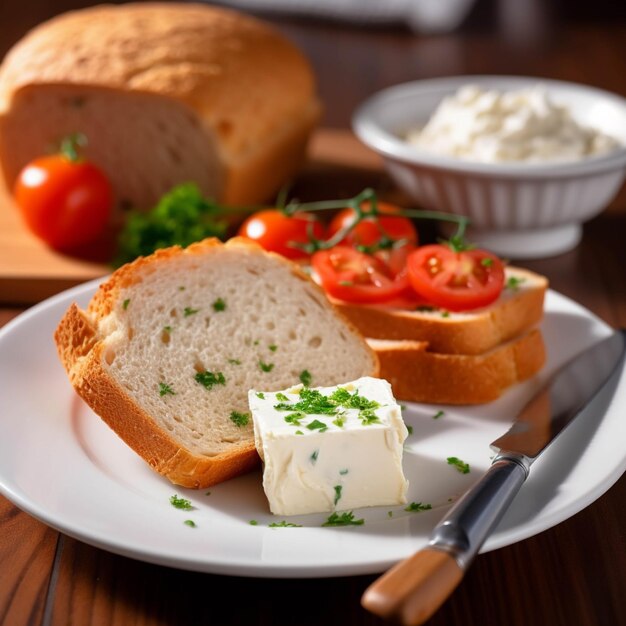 Tomates de queijo cottage e pão sobre um fundo de madeira Foco seletivo