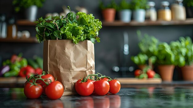 Tomates e ervas orgânicas frescas em sacos de papel sustentáveis no balcão da cozinha ingredientes de cozinha de alimentos saudáveis compras de supermercado ecológicas ia