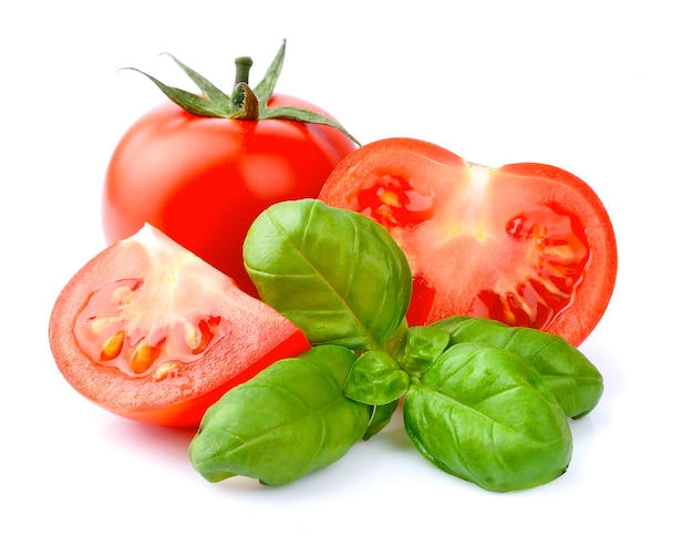 Tomates e folhas de manjericão isoladas no branco close-up. Legumes