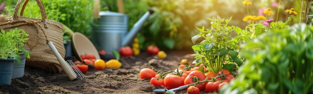 Tomates e outros vegetais estão crescendo em um jardim com ferramentas de jardinagem