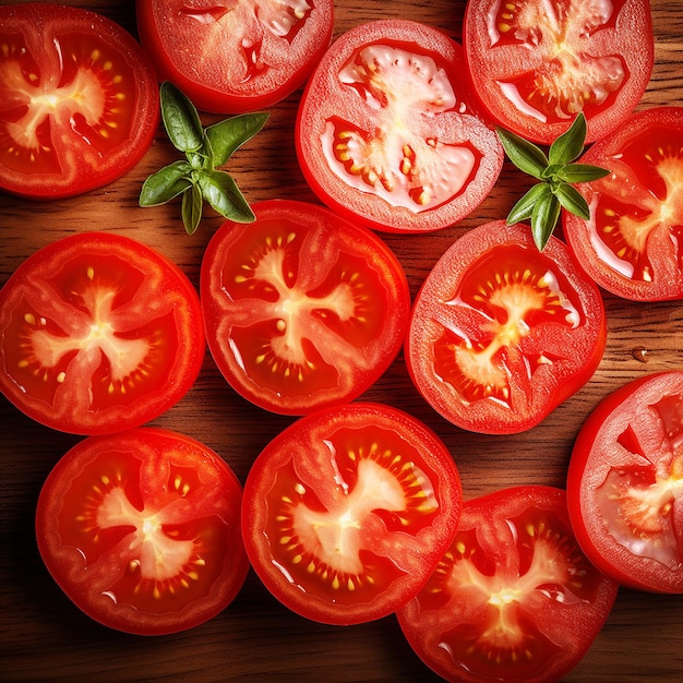 Tomates em fatias na mesa de madeira