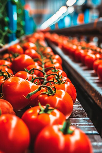 Foto tomates em fita de produção foco seletivo