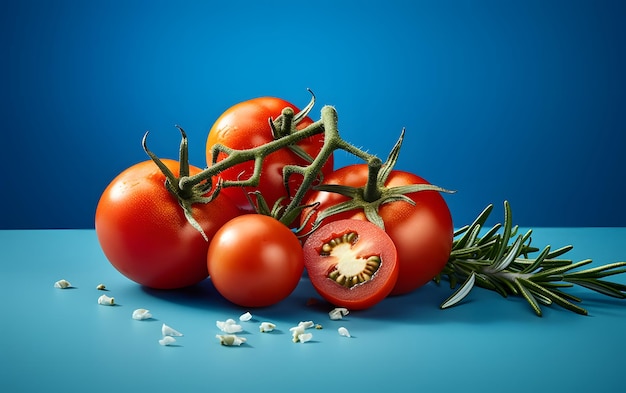 Tomates em um fundo azul com alguns pedaços de alho no fundo.