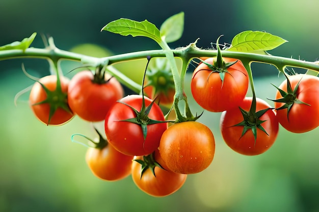 Tomates em um galho com folhas verdes