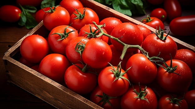 Tomates em uma caixa de madeira sobre uma mesa com outros tomates generativos ai