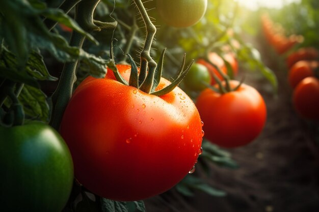 Tomates em uma estufa com gotas de água sobre eles