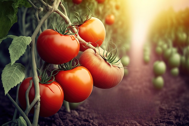 Tomates em uma fazenda com um sol brilhando atrás deles