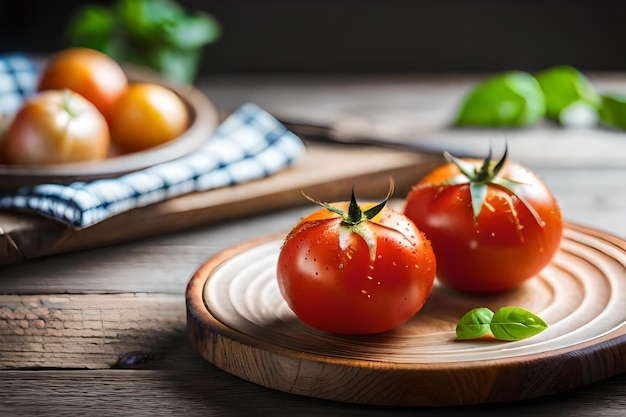 Tomates em uma placa de madeira com um pano xadrez