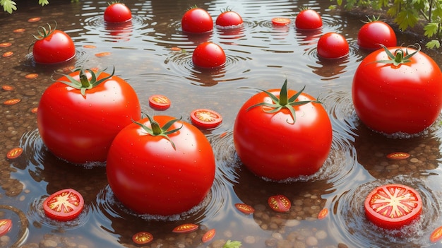 Tomates em uma poça de água com feijão no fundo.