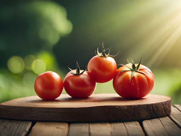 Tomates em uma tábua de corte de madeira na frente de um fundo verde