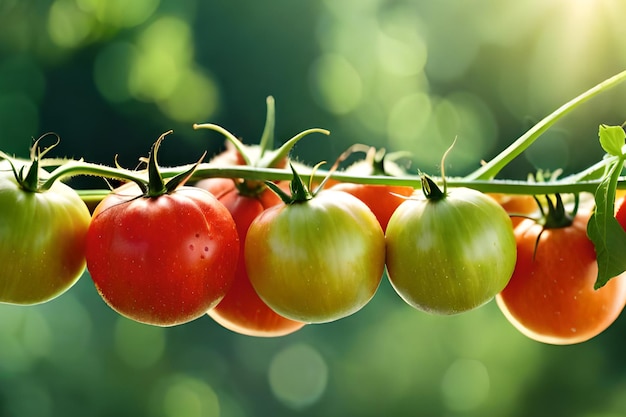 Tomates em uma videira com folhas verdes