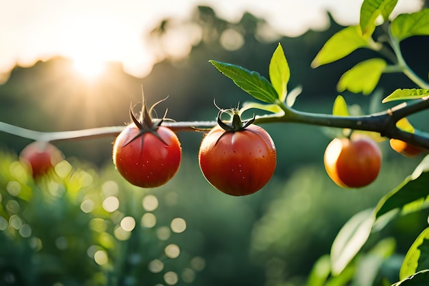 Tomates em uma videira com o sol brilhando sobre eles