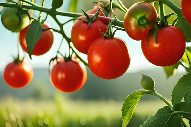 Tomates em uma videira em um campo