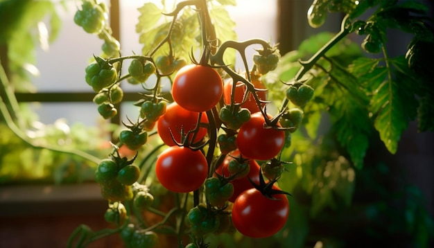 Tomates em uma videira em uma estufa