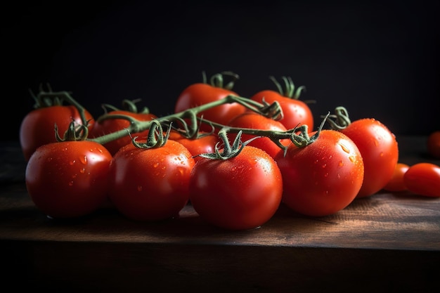 Tomates em uma videira em uma mesa de madeira