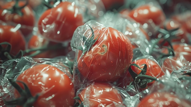 Tomates embrulhados em plástico Conceito de embalagem excessiva de supermercados