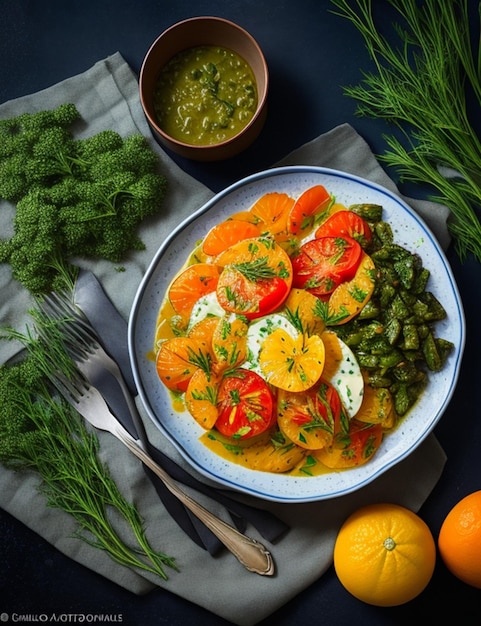 Tomates con eneldo y estragón Acompañamiento asado de comida cocinada con salsa de hierbas cítricas