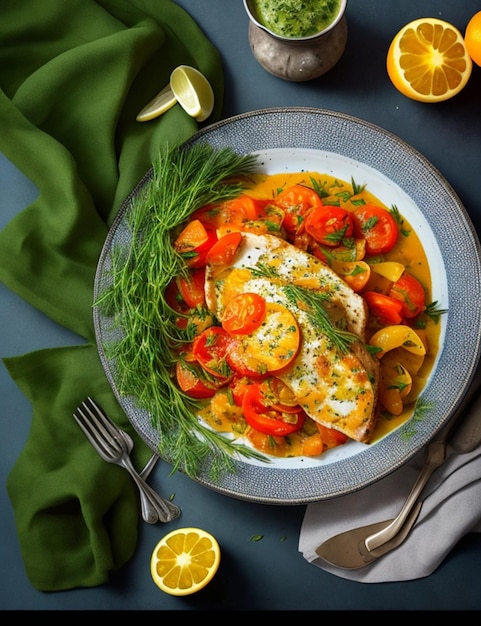 Tomates con eneldo y estragón Acompañamiento asado de comida cocinada con salsa de hierbas cítricas