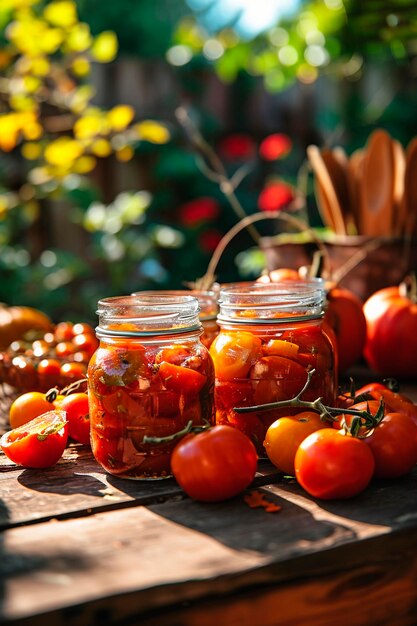 Foto tomates enlatados en frascos de jardín enfoque selectivo