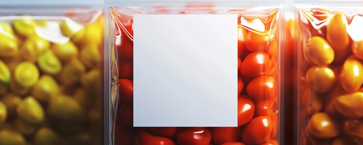 Tomates envasados al vacío con etiqueta en blanco para la marca en el supermercado