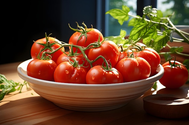 Tomates en el fondo del concepto de comida de cocina vegana de tazón de madera