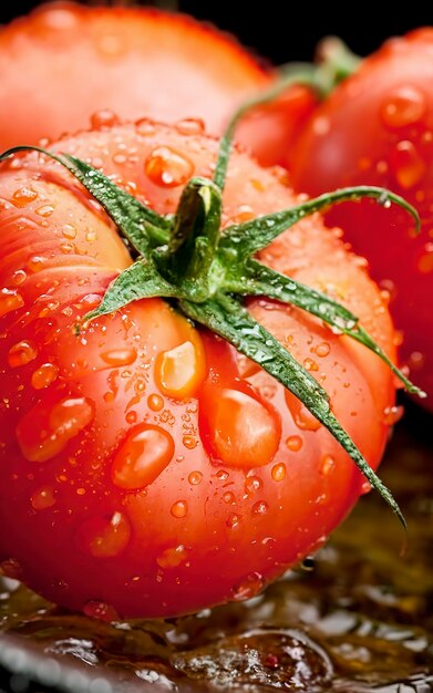 Tomates frescos con agua goteada