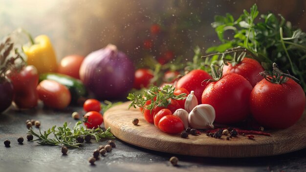 Tomates frescos, ajo y hierbas en una mesa de madera rústica.