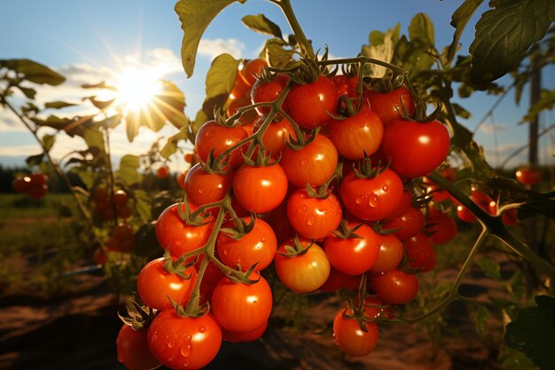 Tomates frescos al sol en la vid