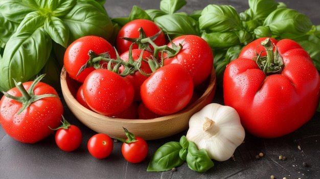 Tomates frescos, albahaca y ajo en la mesa