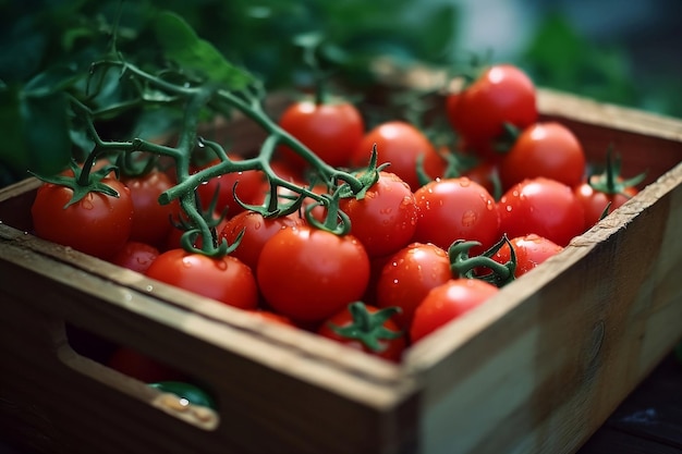 Tomates frescos en caja de madera IA generativa