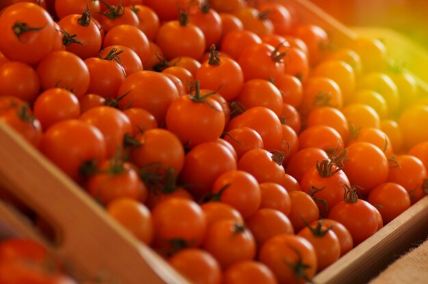 tomates frescos en cajas de madera en la tienda