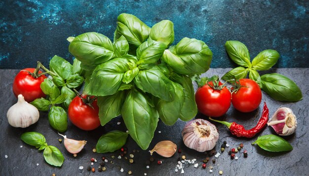 tomates frescos de manjericão, alho e outros vegetais sobre um fundo azul escuro