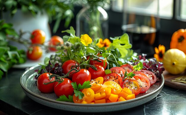 Foto tomates frescos e pimentas amarelas e vermelhas com ervas no prato