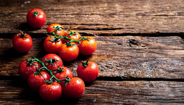 Tomates frescos em um galho na mesa