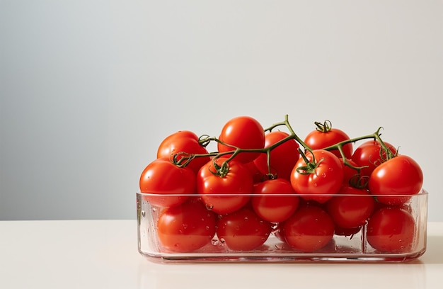 Foto tomates frescos em uma bandeja quadrada de vidro em fundo cinza