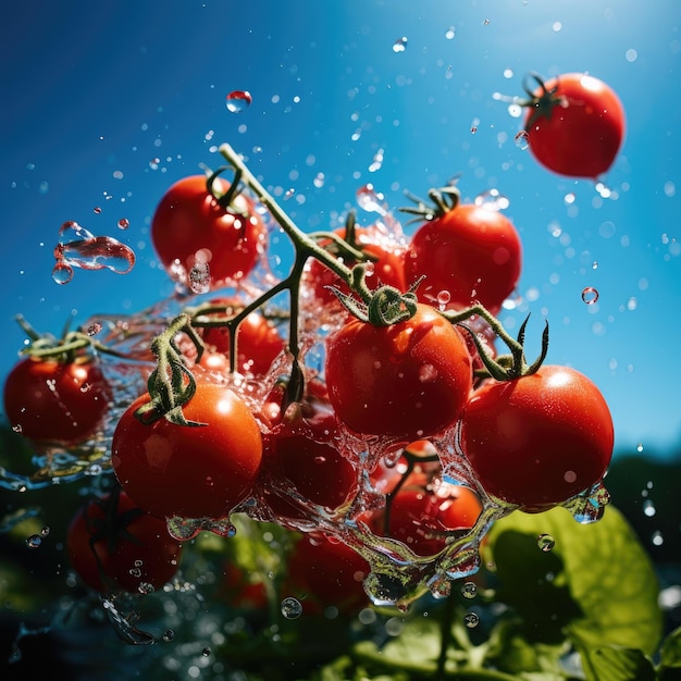 Tomates frescos flutuando com salpicos de água em fundo brilhante