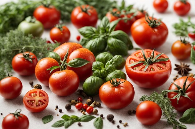 Tomates frescos con hierbas y especias sobre fondo blanco