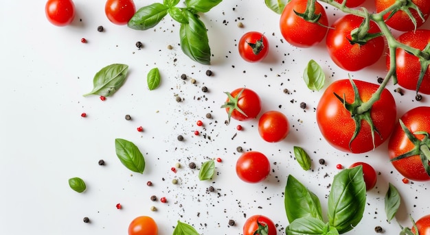 Tomates frescos con hojas de albahaca y pimienta negra sobre un fondo blanco
