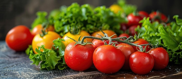 Tomates frescos y lechuga expuestas en la mesa