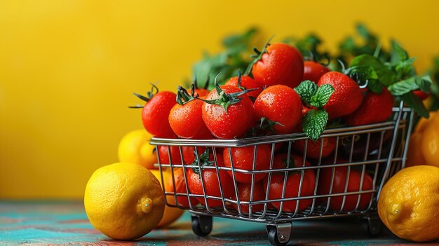Tomates frescos y limones en un carrito de compras en miniatura