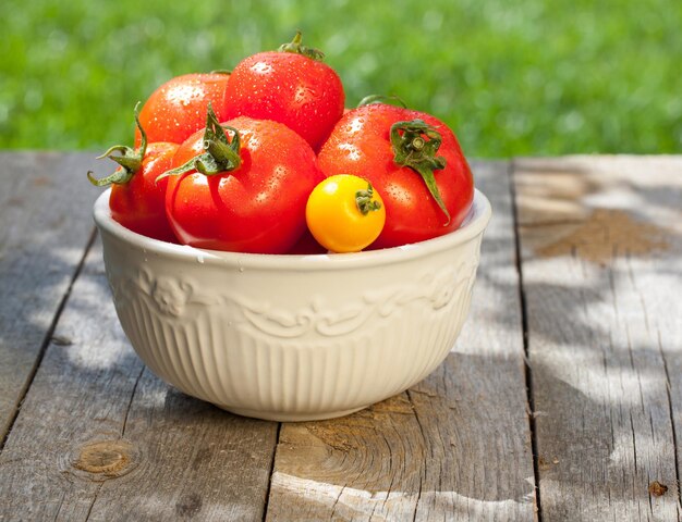 Tomates frescos, maduros e coloridos
