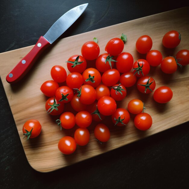 Foto tomates frescos maduros en rebanadas en una tabla de madera de cocina fondo negro vista lateral ia generativa